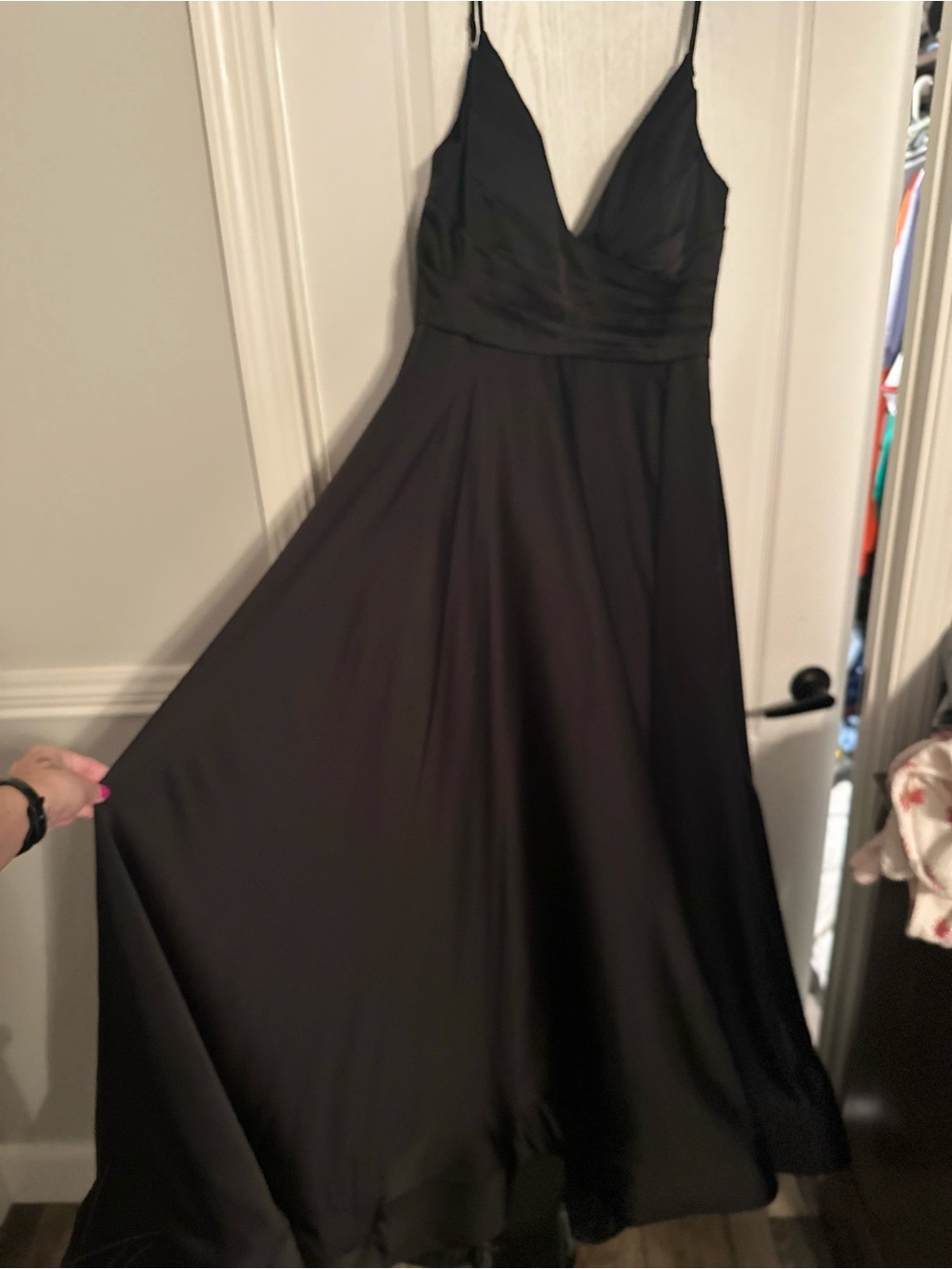 La Femme Long Satin Dress with Side Slit and V Shaped Back